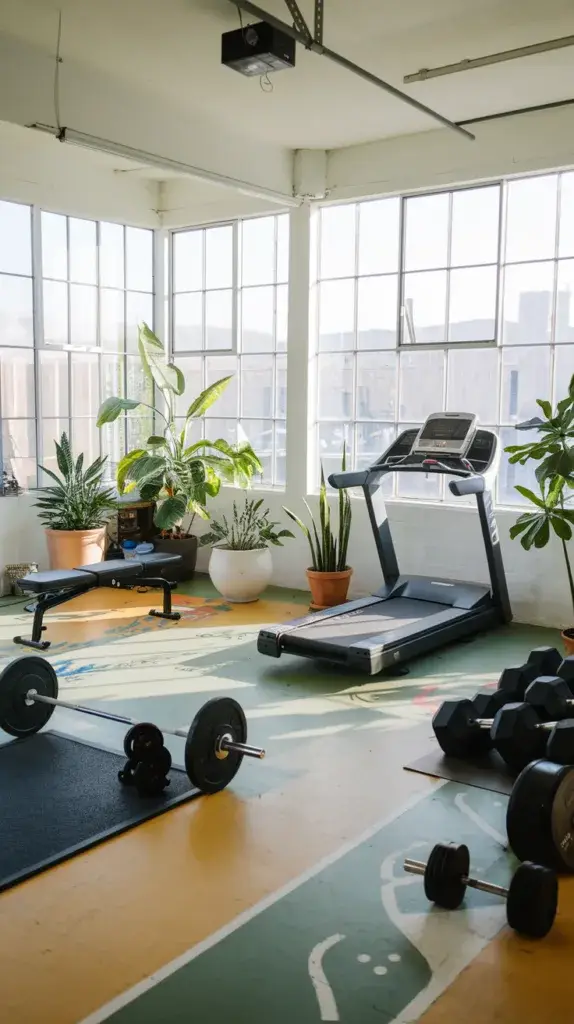 A bright garage gym with large windows, plants, and workout equipment. There's a barbell and dumbbells near the wall. A treadmill is placed in front of the windows. There's a bench near the barbell. There are plants in the corners. The floor is painted with a design.