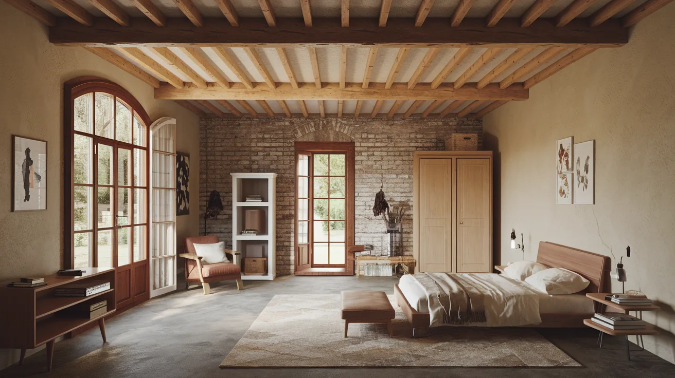 A French garage bedroom conversion with a rustic charm. The room has a wooden beam ceiling, exposed brick walls, and a concrete floor. There's a large window with wooden frames and a small door leading outside. The room is furnished with a wooden bed, a wardrobe, a shelf, and a chair. The walls are adorned with a few pieces of artwork. The room has a warm, earthy hue.