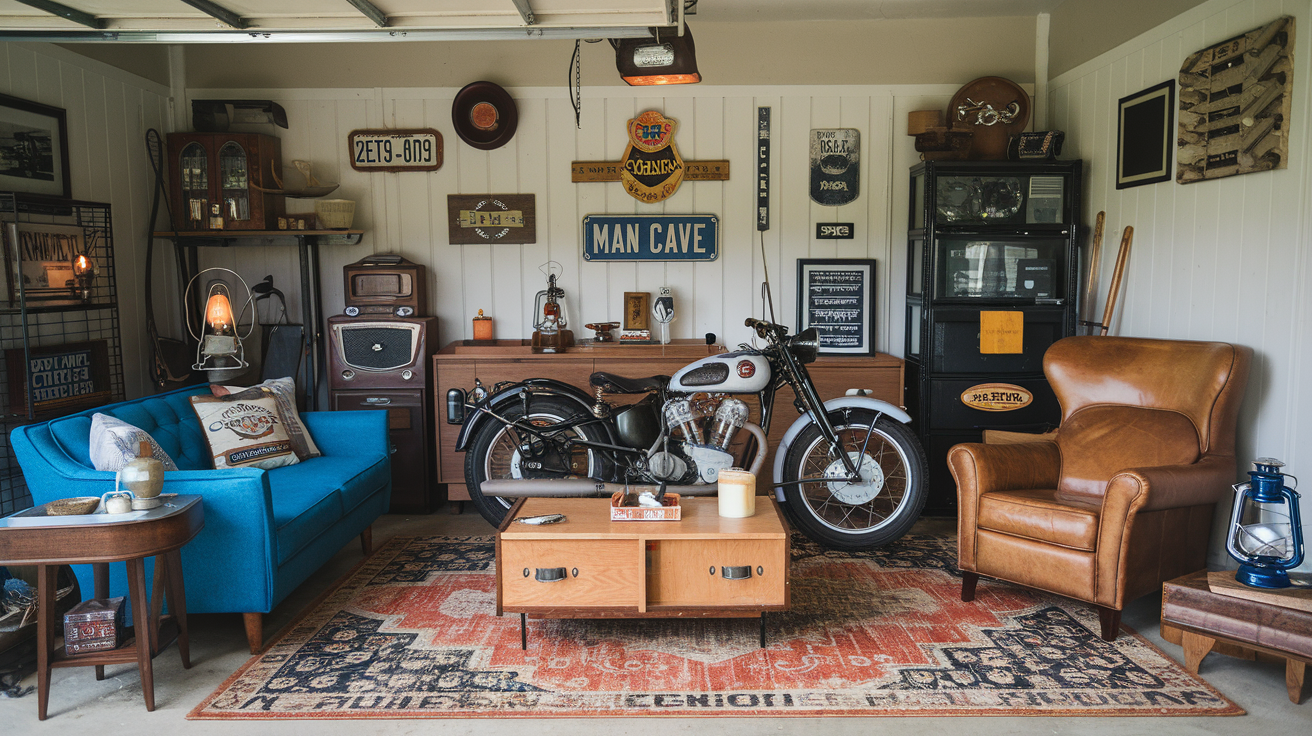 vintage style man cave in a garage with a coffee table, motorcylce, loveseat, and chair.