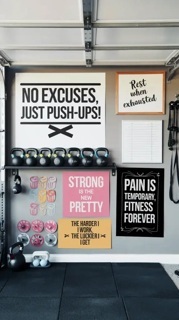 A gym wall in a garage with a variety of colorful motivational quotes and posters. There's a large poster that says "No Excuses, Just Push-ups!" above a row of kettlebells. To the right, there's a small whiteboard with the script "Rest when exhausted". There's a pink poster with the text "Strong is the new pretty". Below that, there's a black poster with the text "Pain is temporary, fitness is forever". At the bottom, there's a yellow poster with the text "The harder I work, the luckier I get".