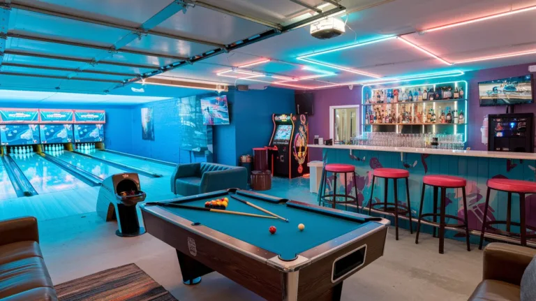 garage set up with a bowling alley,. arcade, pool table , lounge and bar