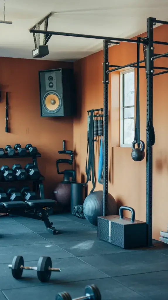 A photo of a garage gym with a comprehensive sound system. There are workout gear such as dumbbells, a bench, a pull-up bar, and a kettlebell. There is a speaker on the wall and a sound system on the floor. The walls are painted orange. There is a window near the pull-up bar.