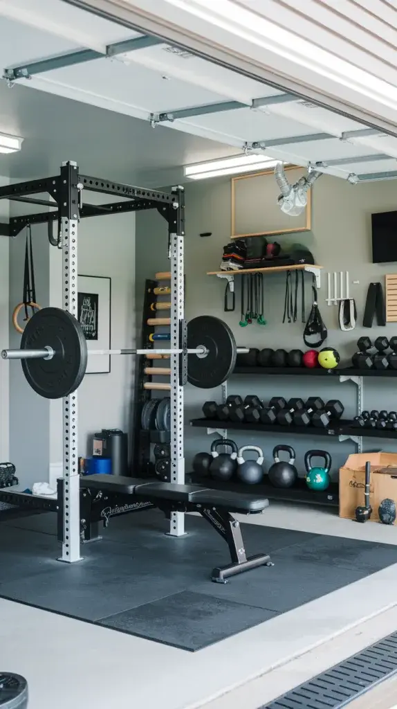 A photo of a garage gym with a squat rack, a bench, and organized storage for workout equipment. The squat rack has a barbell with weights. There's a bench near the squat rack. The garage has organized storage for workout equipment, including dumbbells, kettlebells, and a variety of fitness accessories. The walls are painted and have a few hanging items. The floor is clean.