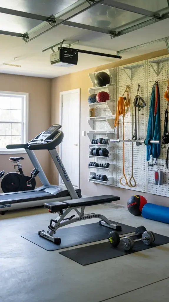 A photo of a garage gym with a treadmill, stationary bike, and organized wall storage. There's a weight bench with a barbell and dumbbells on the floor. The walls have pegboards with hangers for gym equipment. There's a medicine ball and a yoga mat next to the weight bench. The garage has a door and a window. The floor is concrete.