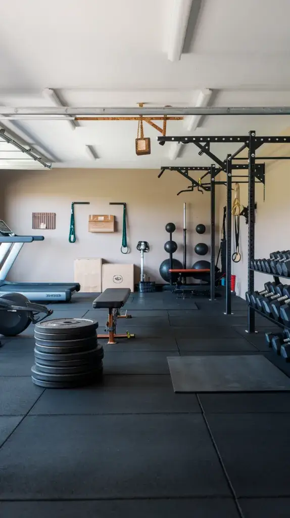 A photo of a garage gym with black rubber flooring. There are weight plates stacked against a wall, a barbell, and various fitness equipment such as a bench press, a pull-up bar, a squat rack, and a rack of dumbbells. There are also a treadmill and an elliptical machine. The walls are painted beige and have a few hanging items. There is a mat near the squat rack and a box near the wall. The lighting is bright.