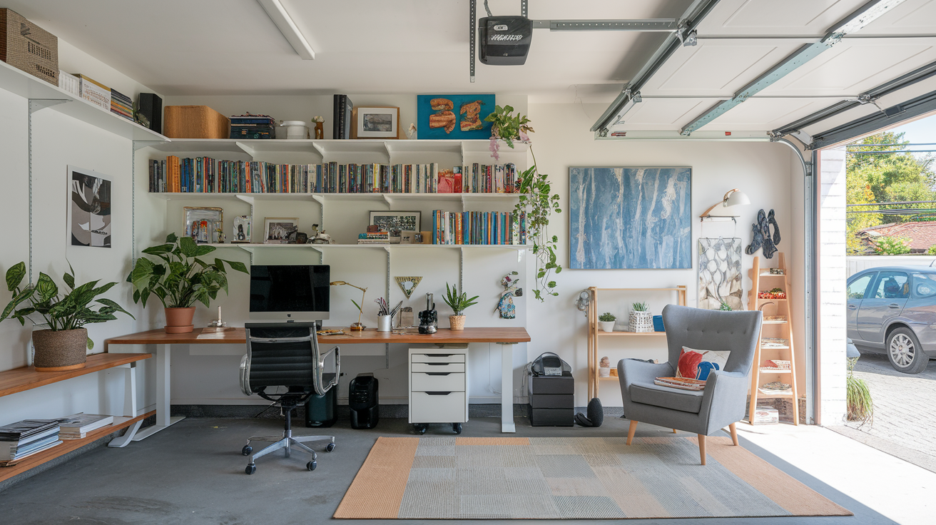 garage office with computer, shelves, desk, and chairs