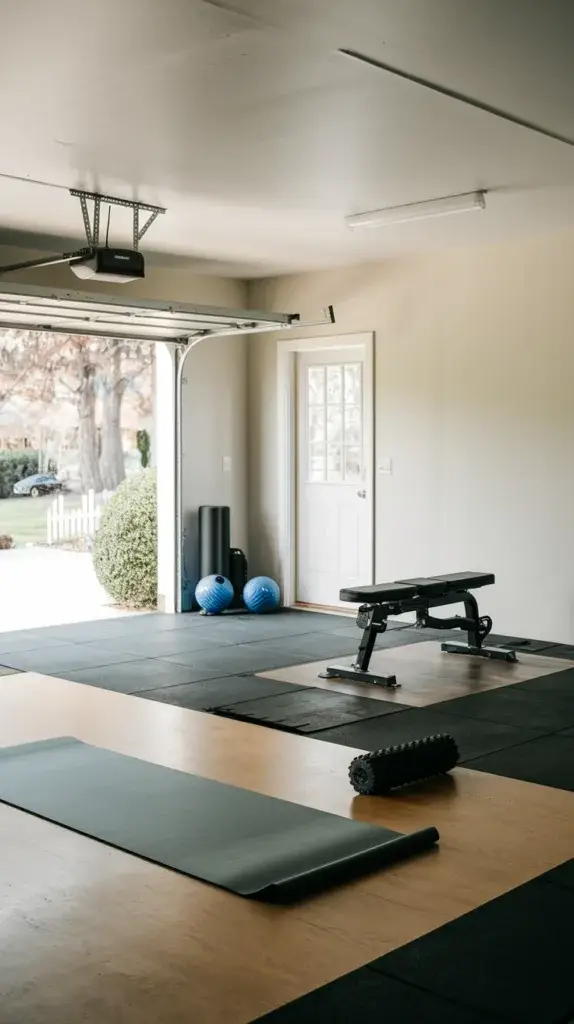 A photo of a spacious garage gym setup. There's a yoga mat on the floor. A foam roller is placed near the mat. There's a weightlifting bench on the other side of the room. The walls are painted white. There's a door leading outside.