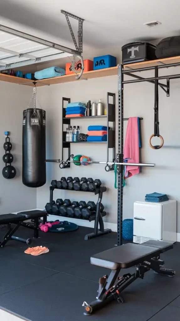 A photo of a well-organized garage gym. There's a heavy bag in the corner, a bench press, a barbell, dumbbells, and a pull-up bar. The walls have vertical storage shelves filled with workout towels, water bottles, and a small fridge. The floor is covered with rubber mats.