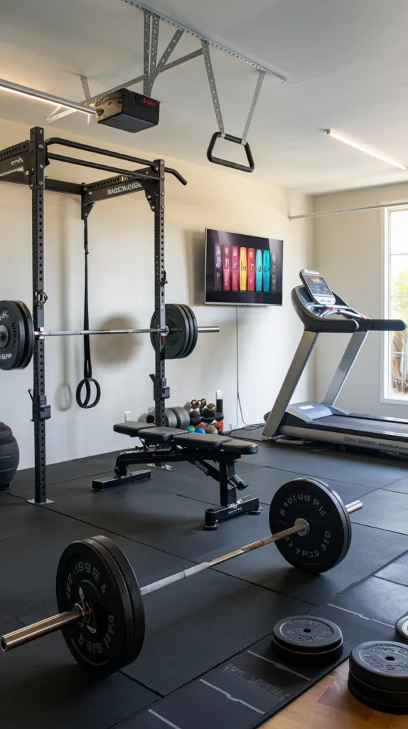 A photo of a well-organized garage gym with weights, a cardio machine, and smart technology integration. There is a barbell with weights, a bench press, a squat rack, and a pull-up bar. A treadmill is placed near the wall. A smart TV is mounted on the wall, displaying a fitness app. The floor is covered with rubber mats.