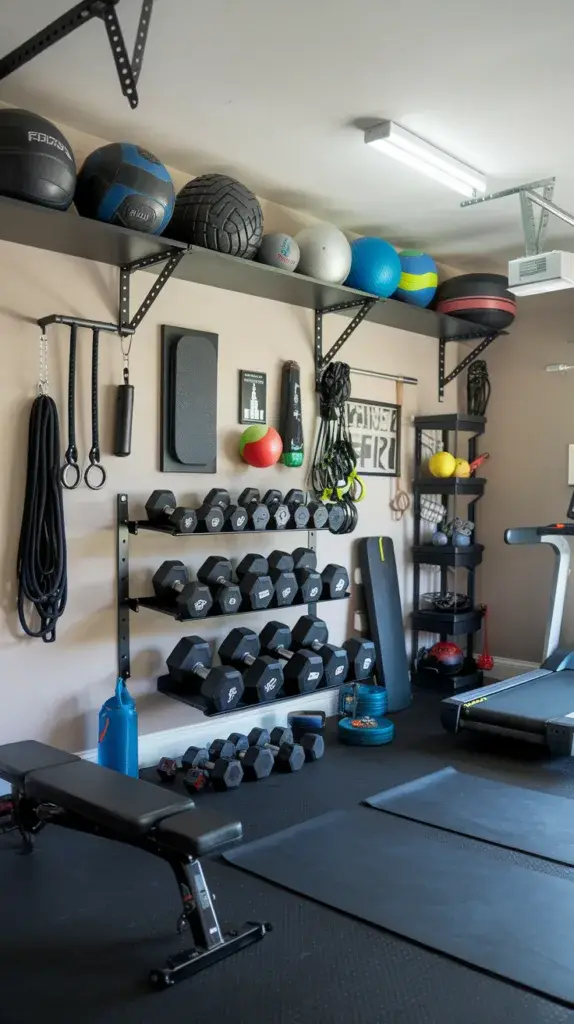 A photo of an organized garage gym with weights and gear stored creatively on walls and shelves. There are dumbbells, barbells, kettlebells, and various fitness equipment such as a pull-up bar, a bench, and a yoga mat. The walls and shelves are neatly arranged with medicine balls, battle ropes, a jump rope, and other fitness accessories. There's a treadmill in the corner. The floor is covered with a rubber mat. The lighting is bright.