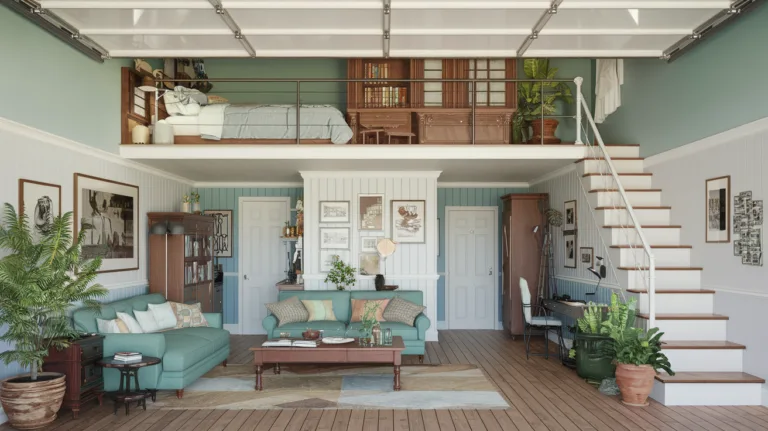 A stunning garage loft apartment with a vintage touch. There is a loft with a bed and a desk. The main area has a sofa, a coffee table, and a bookshelf. There are potted plants scattered around the apartment. The walls are painted in light blue and white. The floor is made of wooden planks.