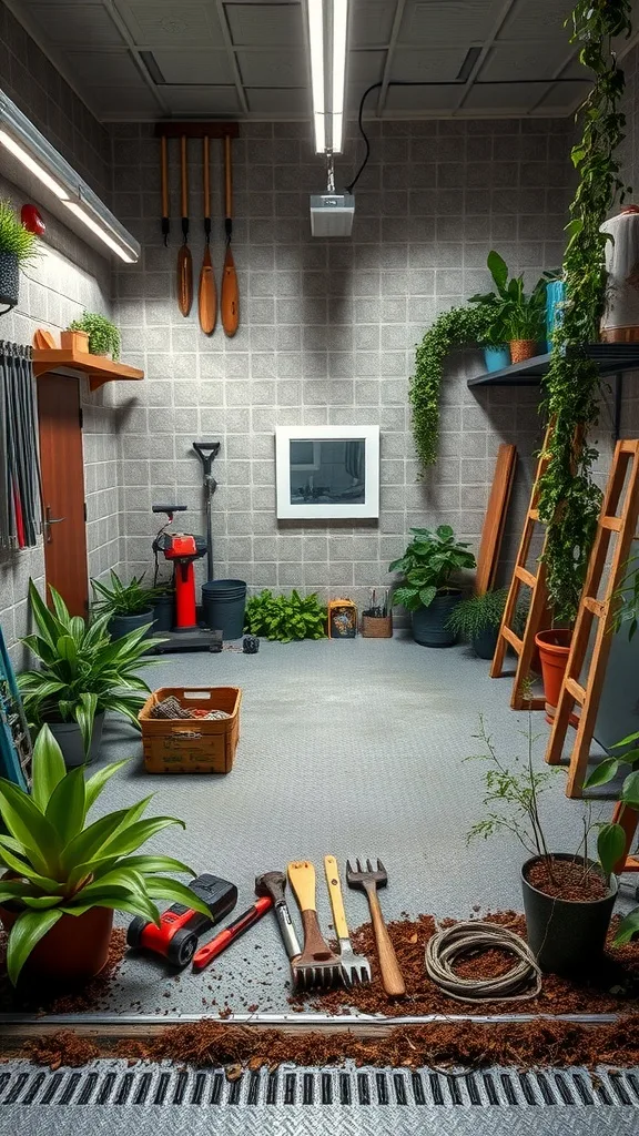 A modern garage space filled with plants and gardening tools, showcasing eco-friendly materials.