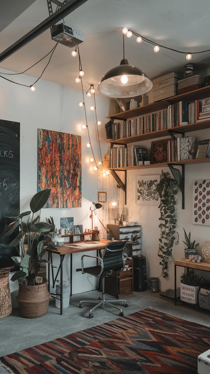 Artistic studio workspace with wooden desk, colorful wall art, and warm lighting