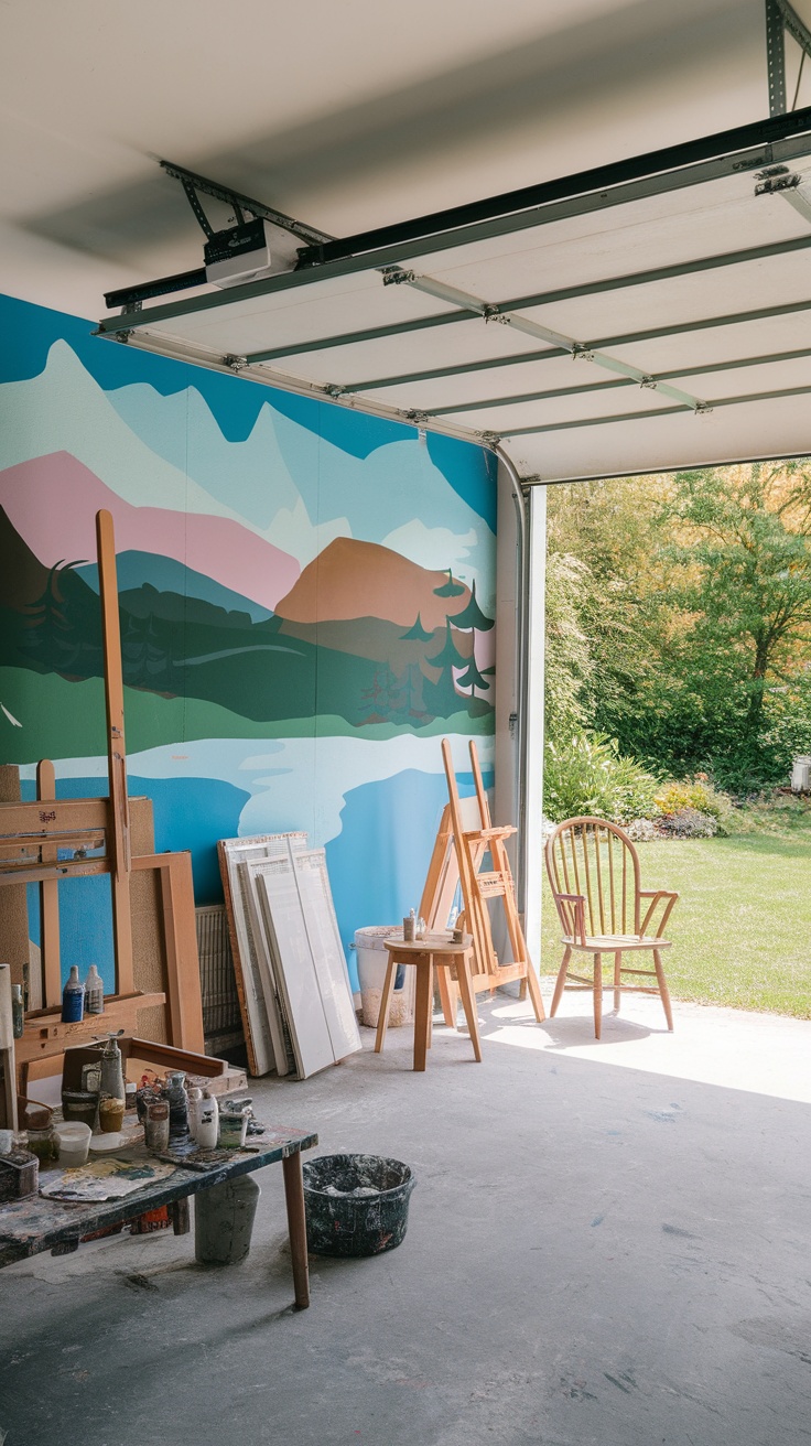 A bright mural depicting mountains and trees inside a garage art studio, with easels and painting supplies visible.