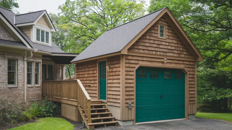 An exterior shot of a detached garage with a pitch roof. The garage is made of wood and has a green door. There are wooden stairs leading to the green door. The garage is connected to a house with a brick exterior. The house has a gable roof and multiple windows. The background contains lush green trees.