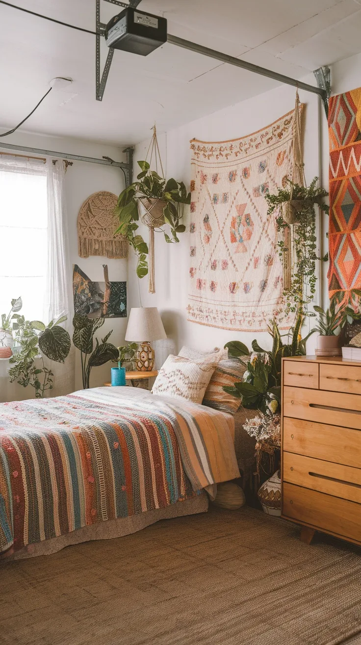 Cozy bedroom with colorful textiles, plants, and wooden furniture in a loft apartment