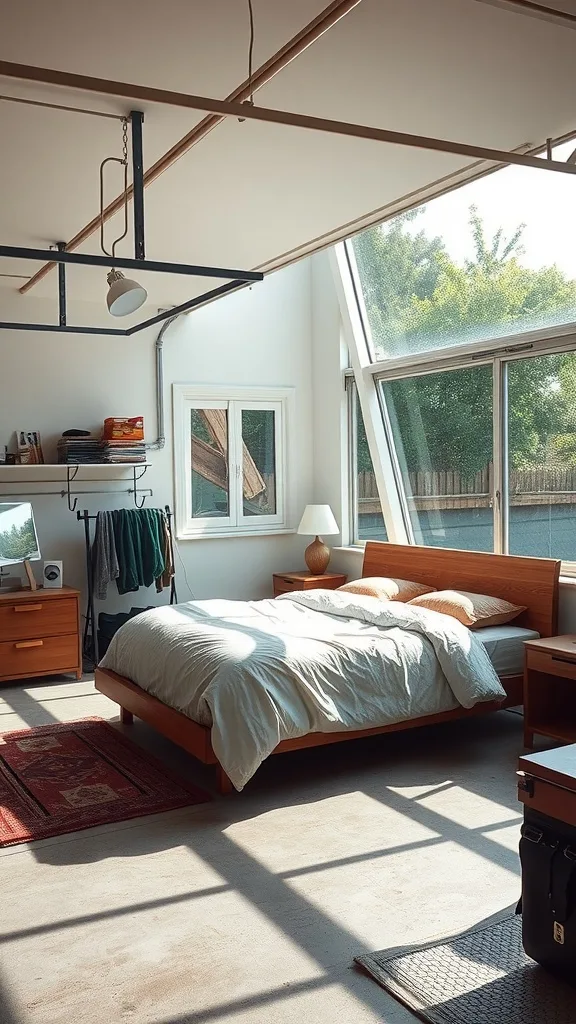 A bright and airy bedroom with large windows, wooden furniture, and minimal decor