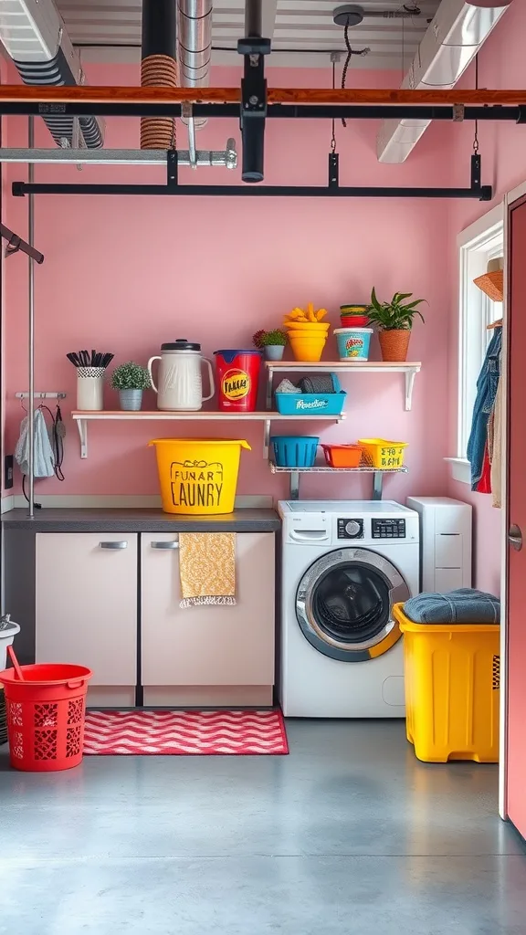 A colorful garage laundry room with pink walls, bright storage bins, and a cheerful vibe.