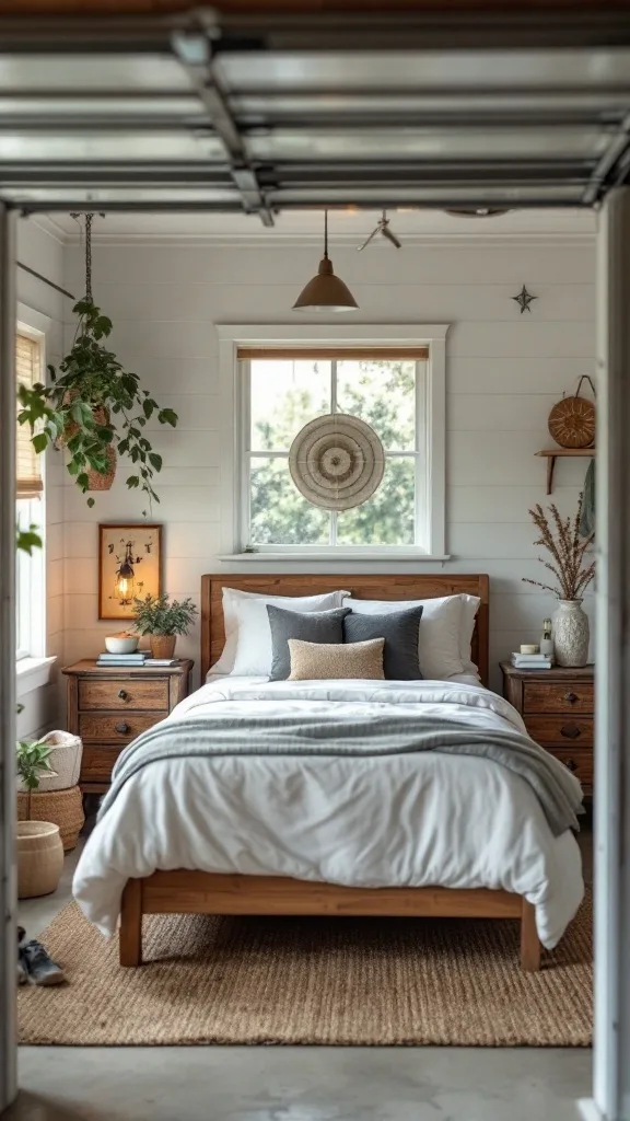 A well-decorated guest suite in a garage with a cozy bed, wooden furniture, and plants.