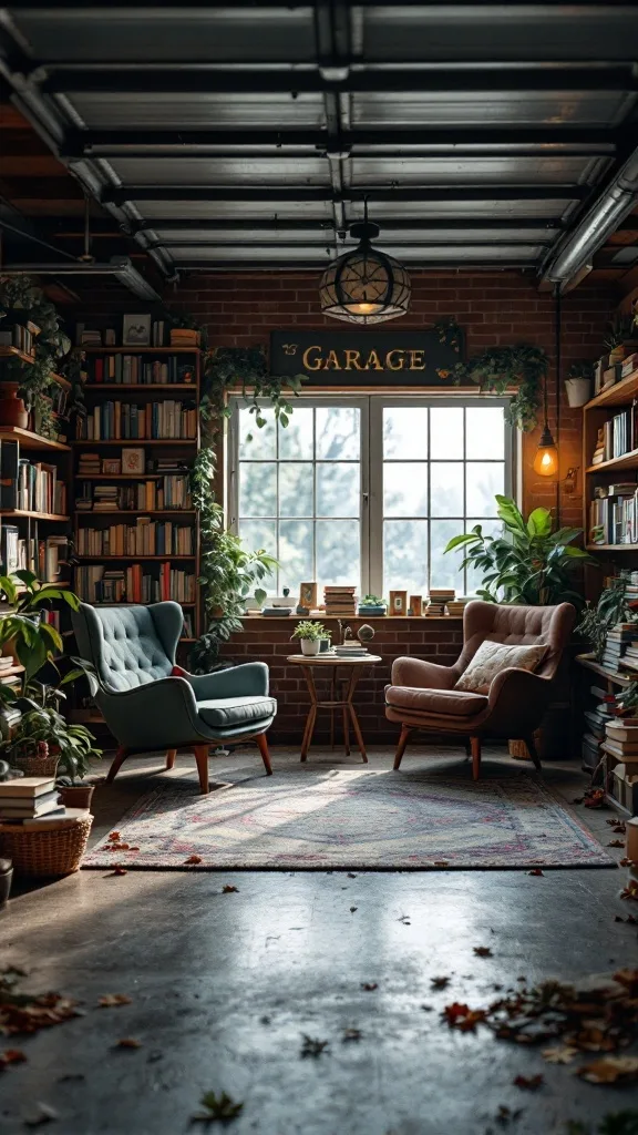 Cozy reading nook in a garage with bookshelves, plants, and comfortable chairs.