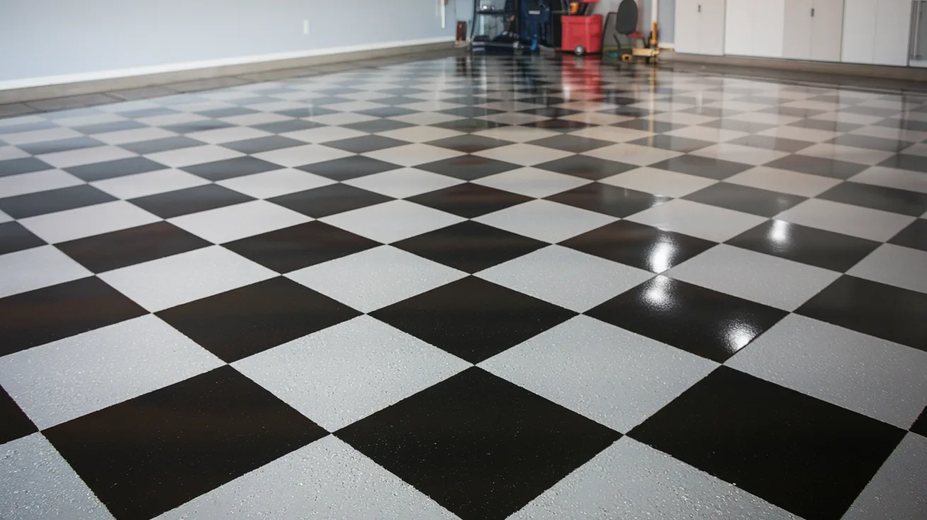 A garage floor with a unique pattern of alternating black and white squares. The black squares are made of epoxy resin and have a shiny finish. The white squares are made of concrete and have a matte finish. The floor is in a well-lit garage with a few tools and equipment.