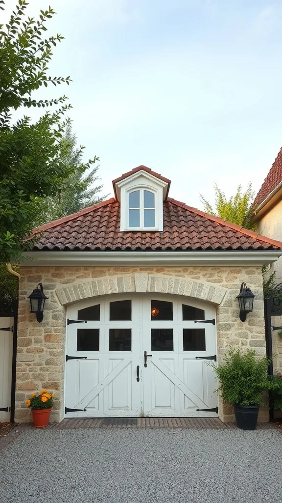 Detached garage with a stone exterior, white doors, and a charming design.