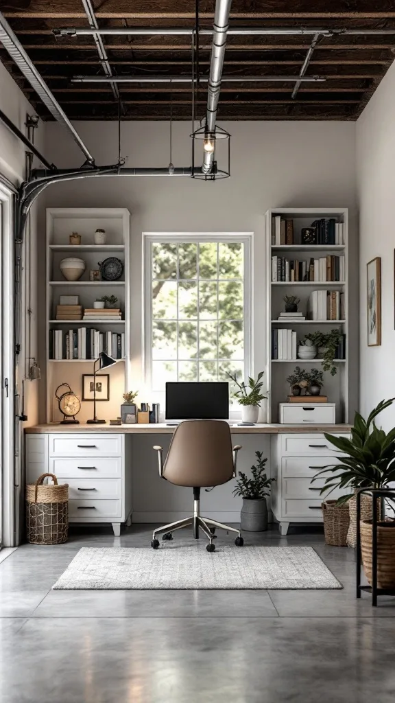 Stylish home office setup in a converted garage with modern furniture and decor.