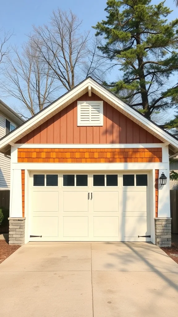 Classic Craftsman style detached garage with wooden accents and stone pillars