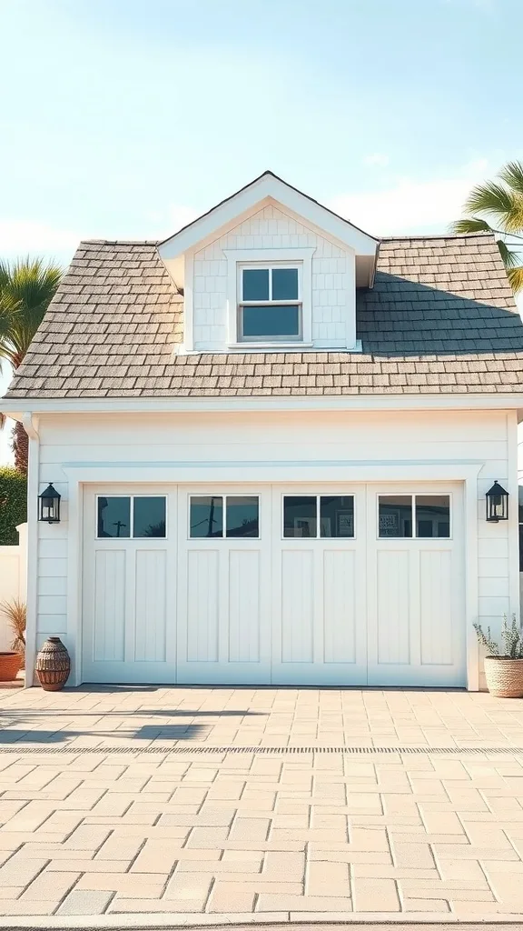 Detached garage with a coastal beach house vibe, featuring light colors and tropical plants.