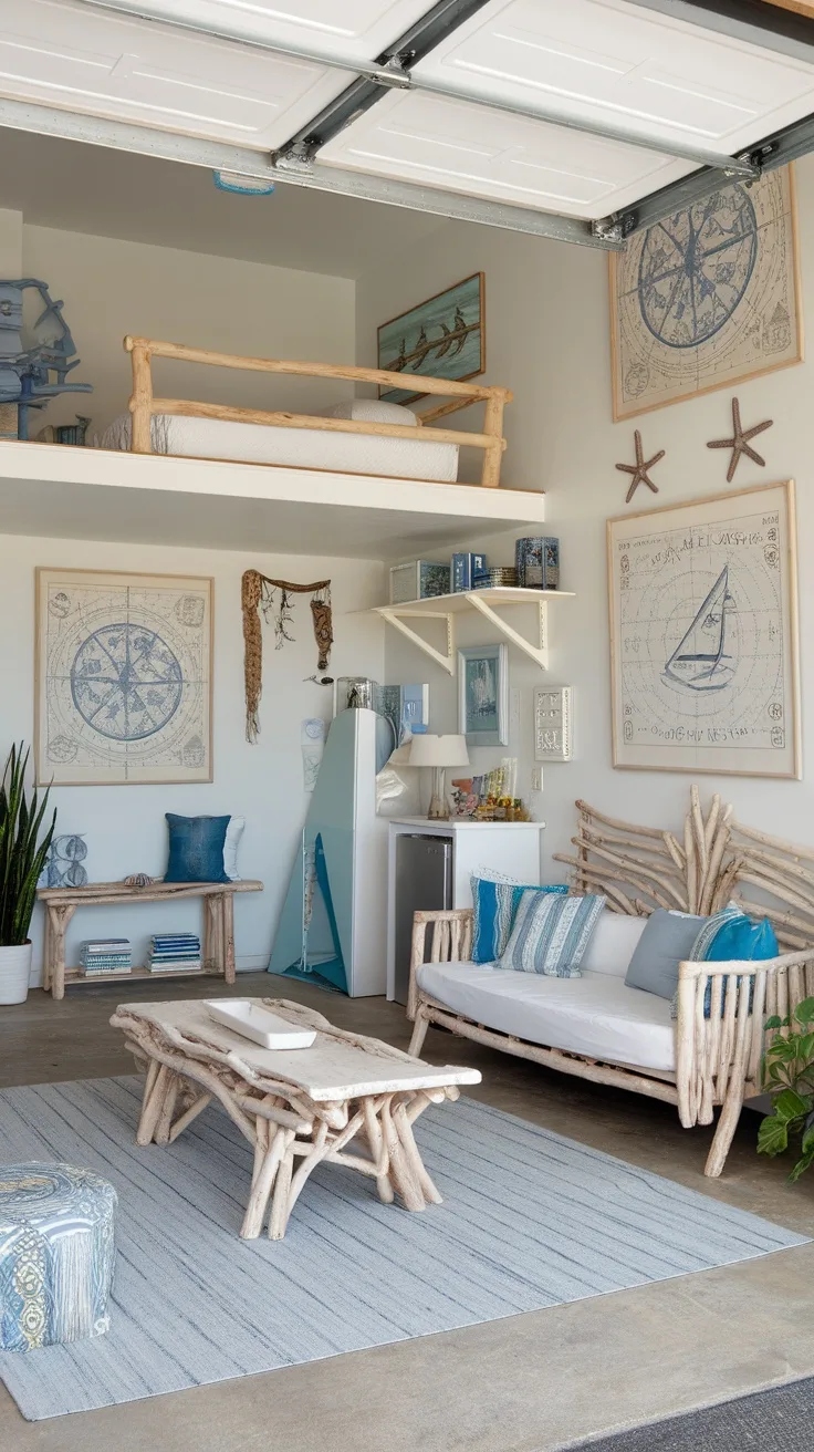 A stylish garage loft apartment decorated with coastal themes, featuring a lofted bed, driftwood furniture, and nautical decor.