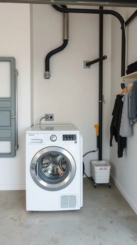 A compact washer-dryer unit in a minimalist garage laundry room.