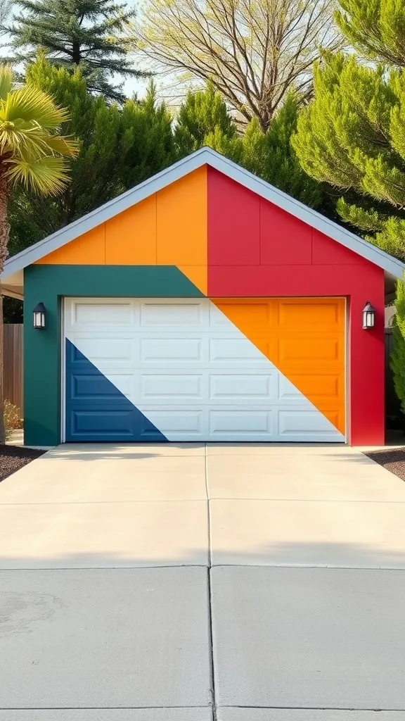 A contemporary color block design on a garage featuring bright orange, teal, and red sections.