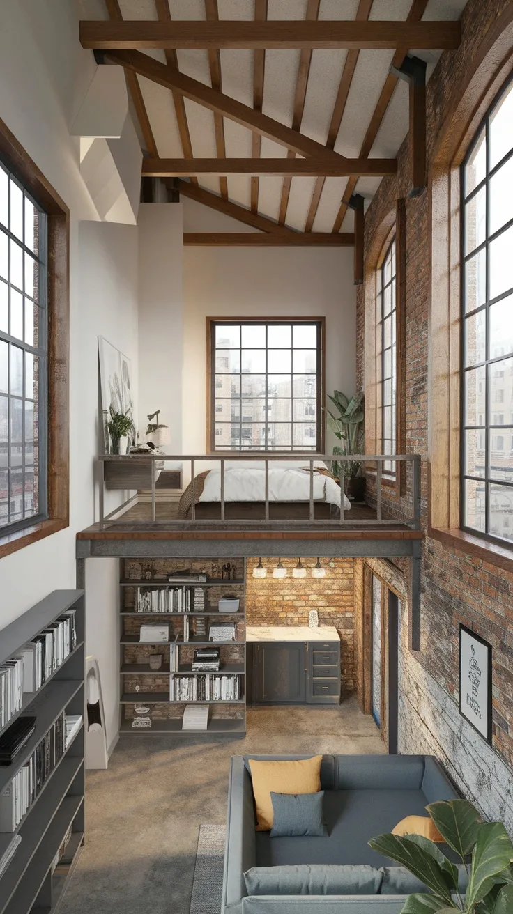 A contemporary garage loft apartment featuring high ceilings, large windows, and exposed brick walls.