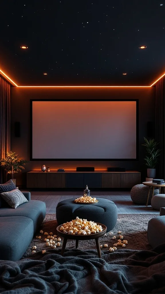 A cozy home theater setup with a large screen, plush seating, and a warm ambiance.