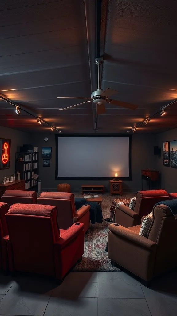 Cozy movie theater setup in a garage with comfortable seating and a large screen.