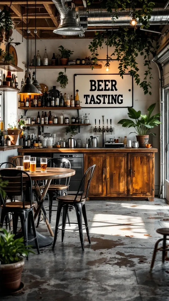 A cozy craft beer tasting room with taps, wooden bar, and seating.