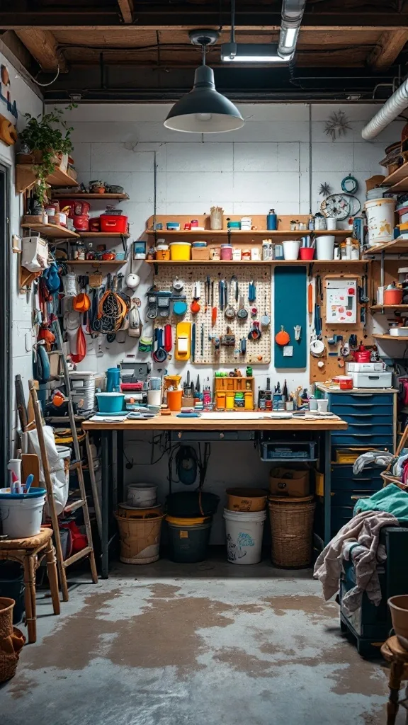 A well-organized garage workshop with tools, colorful buckets, and a work table.