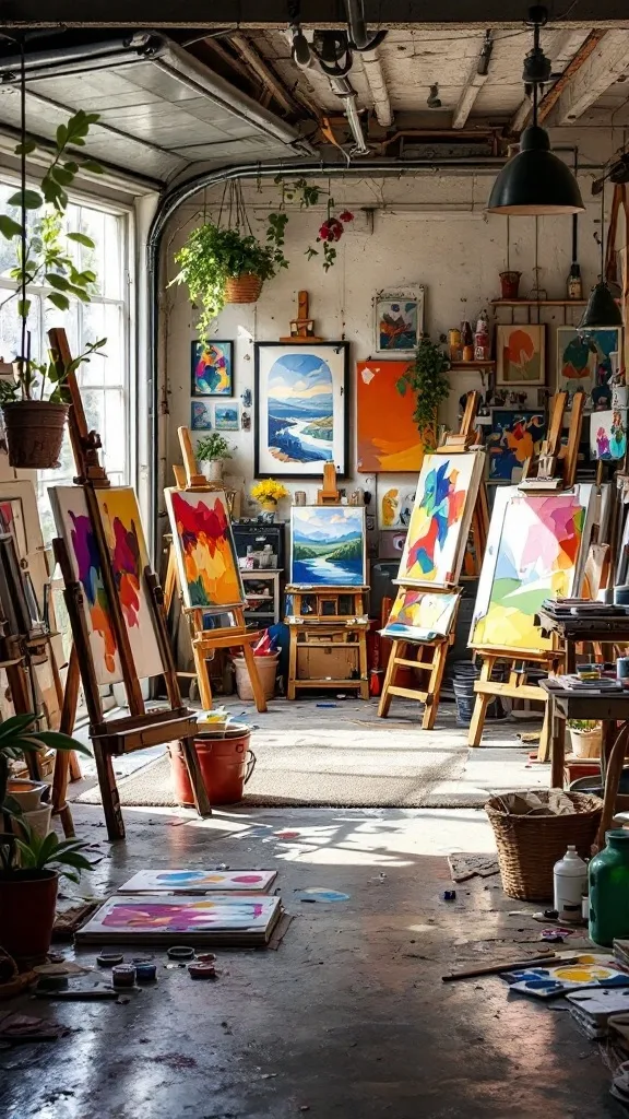 An interior view of a colorful art studio filled with easels, paintings, and plants.