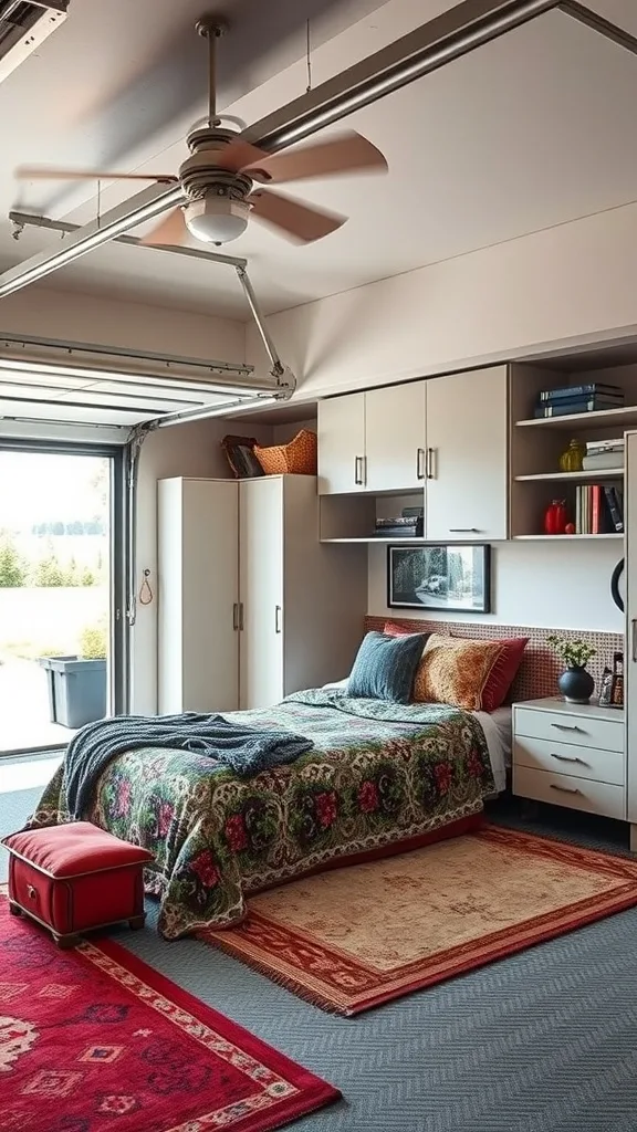 A creative garage bedroom design featuring a bed, colorful rugs, built-in storage cabinets, and a wardrobe.