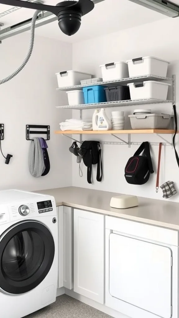 A tidy garage laundry room with shelves, bins, and hanging storage.