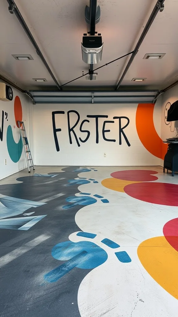 A colorful garage floor featuring abstract designs and bold letters.