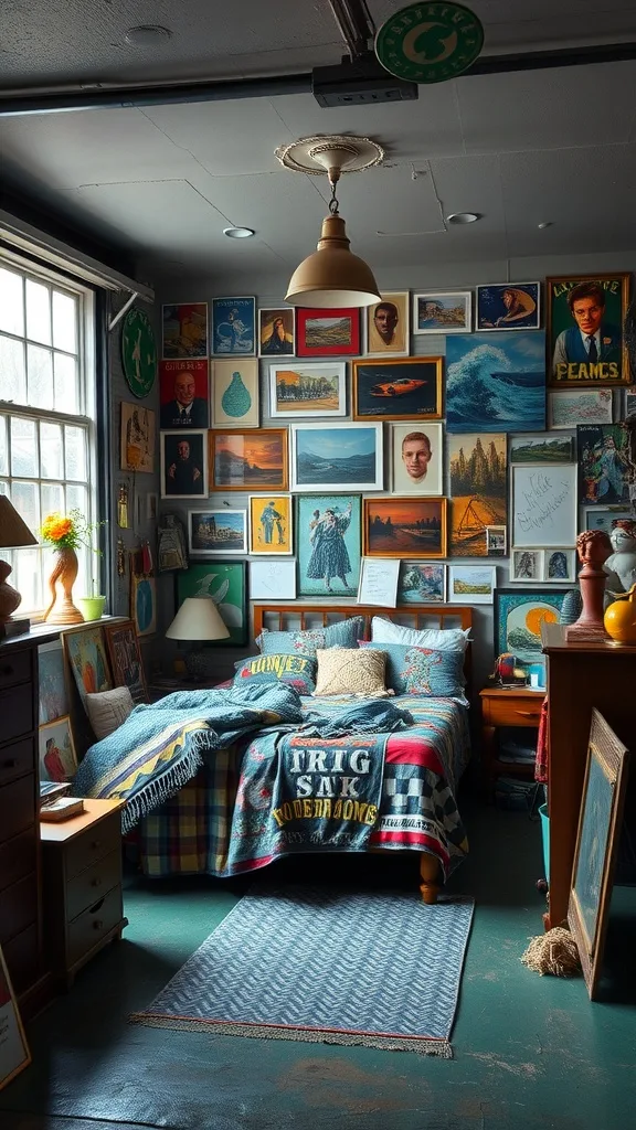 A cozy garage bedroom with a colorful gallery wall of eclectic art pieces, featuring a bed with a quilt and a warm lamp.