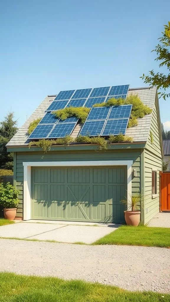 Eco-friendly garage with solar panels on the roof and greenery