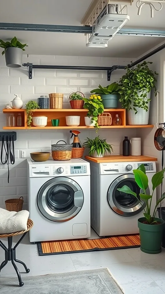 A cozy laundry room with two washing machines, surrounded by plants and organized shelves.