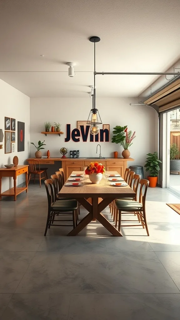 A stylish dining room featuring a large wooden table with chairs, bright decor, and an inviting atmosphere.