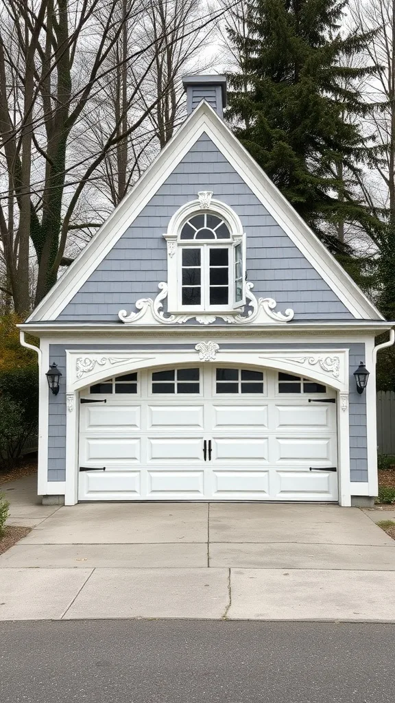 A detached garage with Victorian architectural details, featuring ornate trim, tall windows, and stylish lanterns.