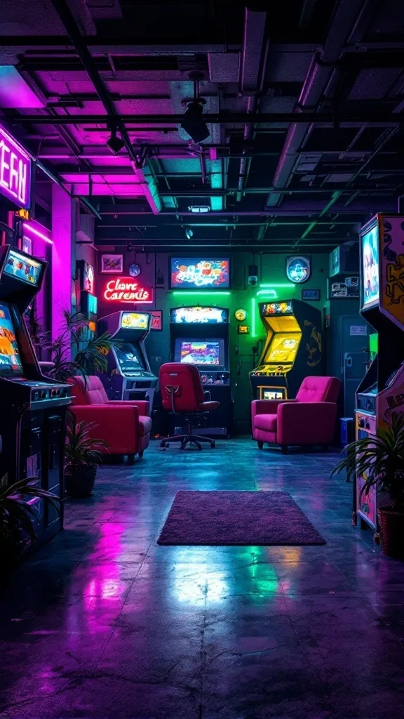 A vibrant garage with arcade games and cozy seating.