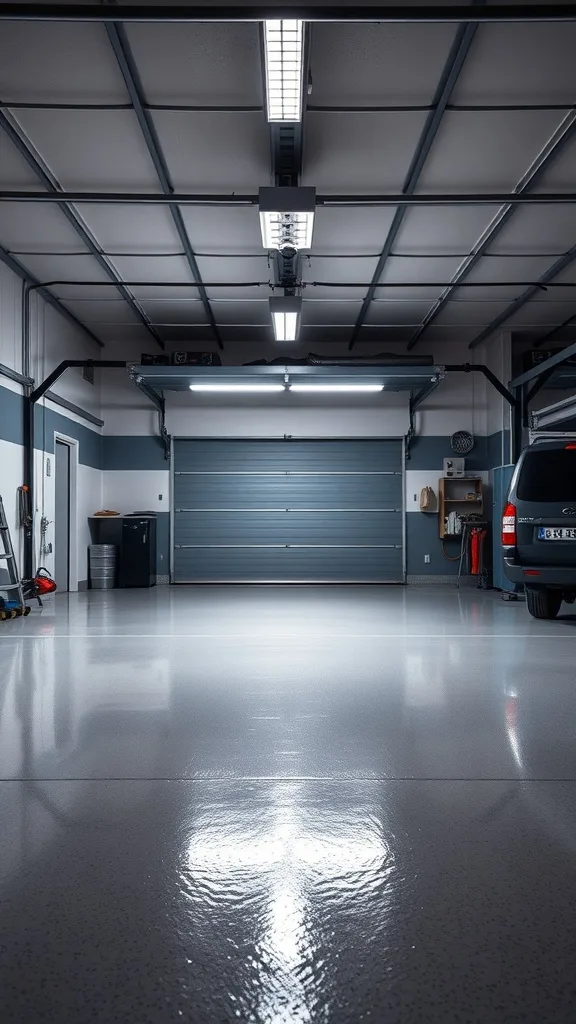 A modern garage with a shiny epoxy-coated floor.