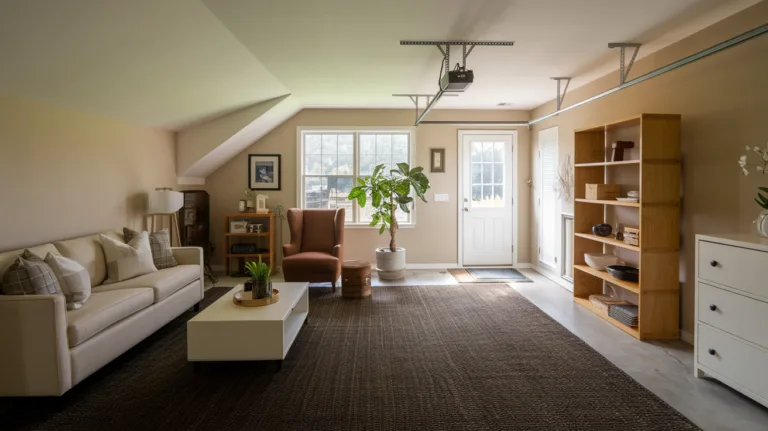 A photo of a garage conversion into a family room. There's a beige couch, a brown chair, a white coffee table, and a wooden bookshelf. A potted plant sits on the floor. A dark rug covers the floor. The room has a sloped ceiling. The walls are painted beige. There's a door leading outside.