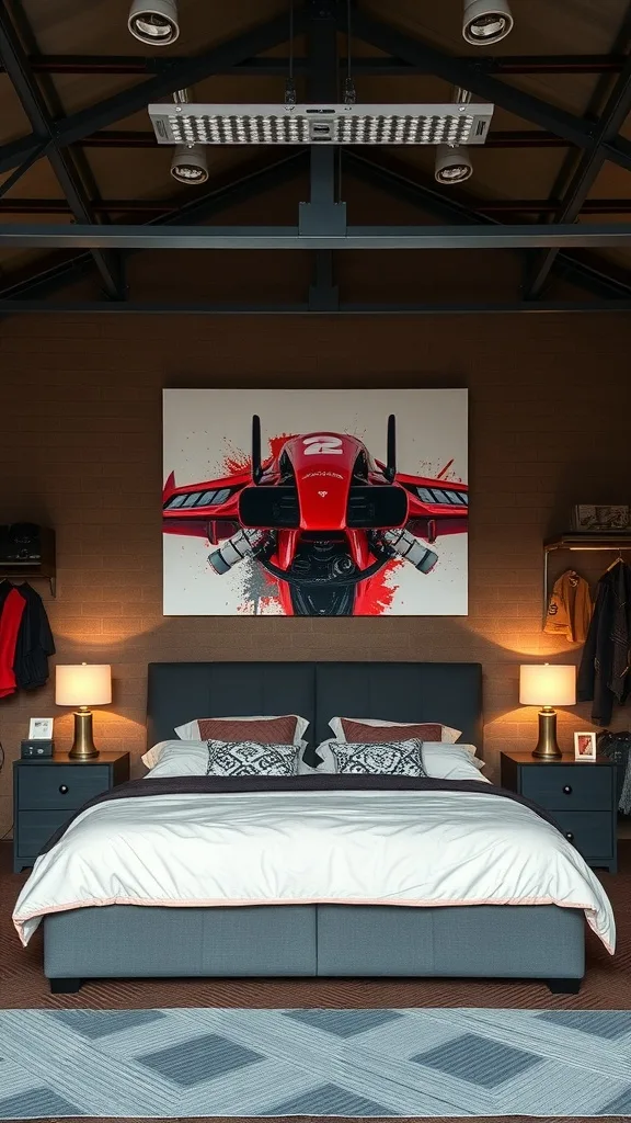 A garage bedroom featuring a large red aircraft artwork above the bed, with stylish lighting and modern furnishings.